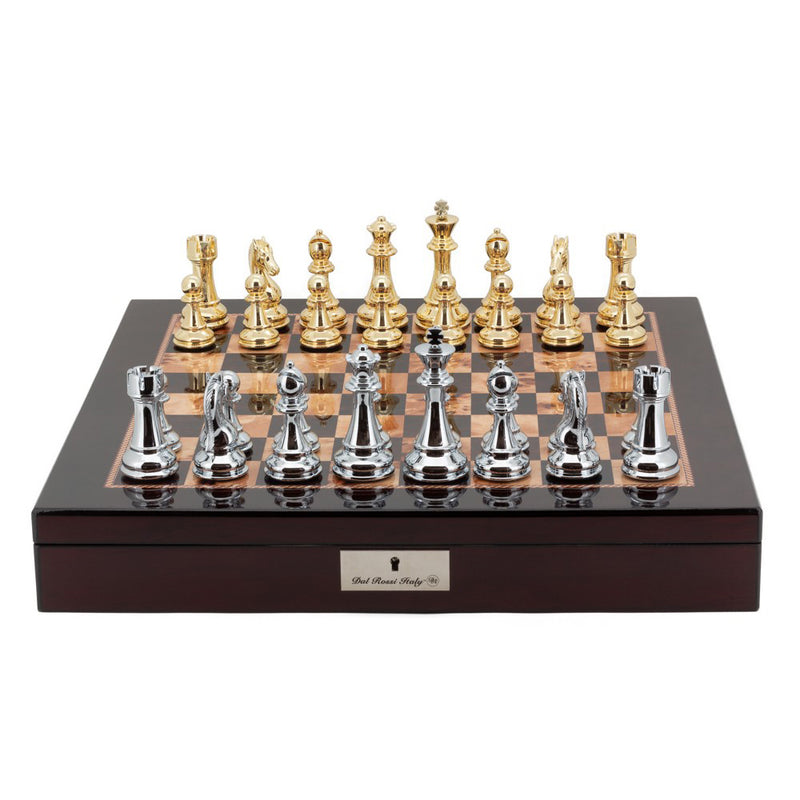 Dal Rossi Italy Gold & Silver Chess Set on a 20" Mahogany Finish Board with Compartments