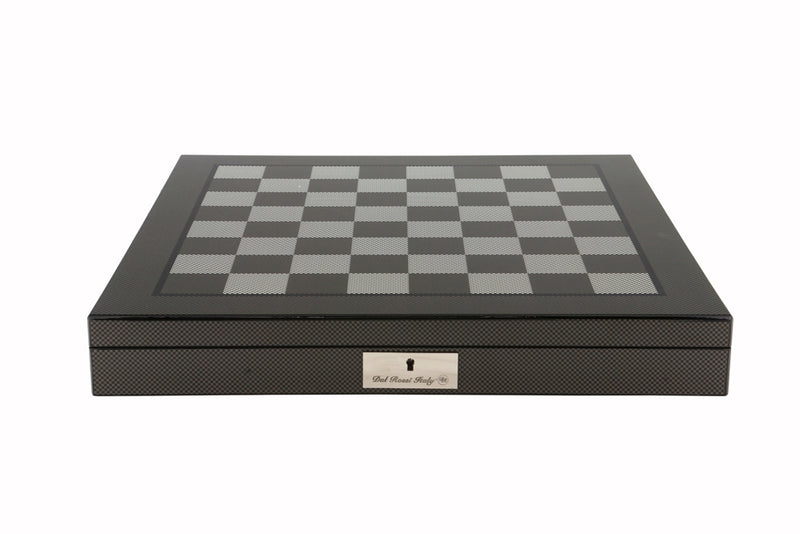 Dal Rossi Italy Metal Dark Titanium & Silver Chess Set on 20" Carbon Fibre Shiny Finish Board