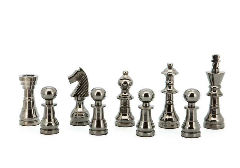 Dal Rossi Italy Metal Dark Titanium & Silver Chess Set on 20" Carbon Fibre Shiny Finish Board