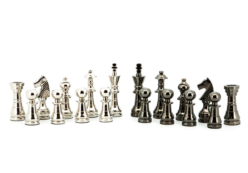 Dal Rossi Italy Metal Dark Titanium & Silver Chess Set on 20" Carbon Fibre Shiny Finish Board