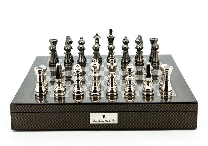 Dal Rossi Italy Metal Dark Titanium & Silver Chess Set on 20" Carbon Fibre Shiny Finish Board