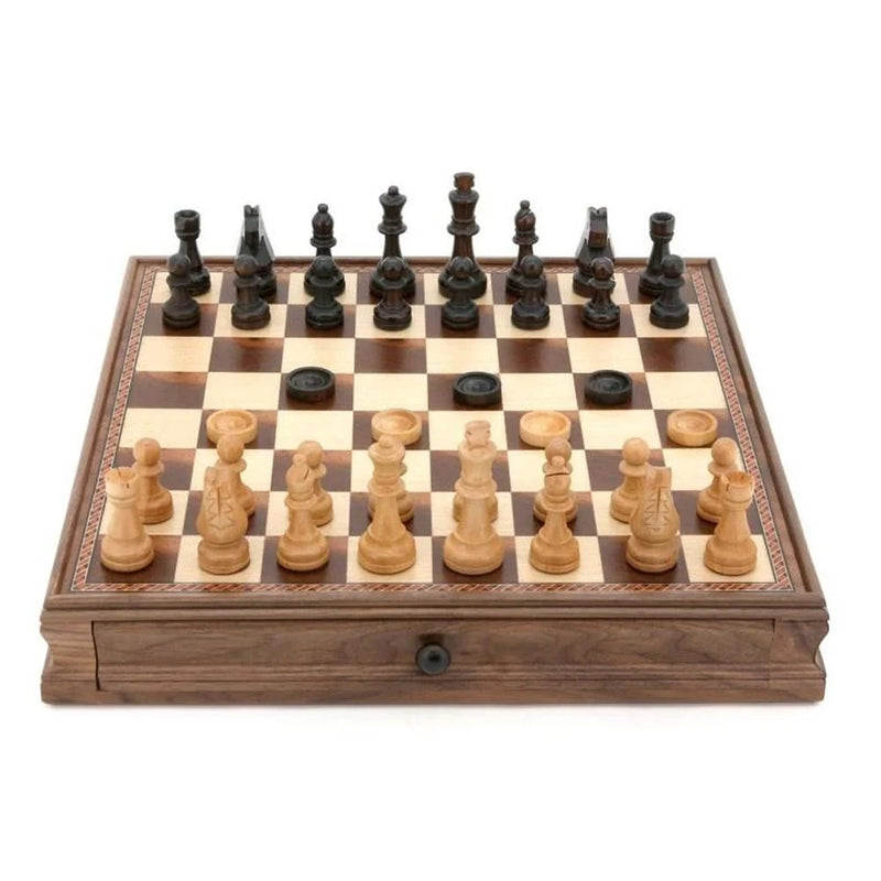 Dal Rossi Walnut Finish Chess / Checkers Set 38cm Board with Drawer