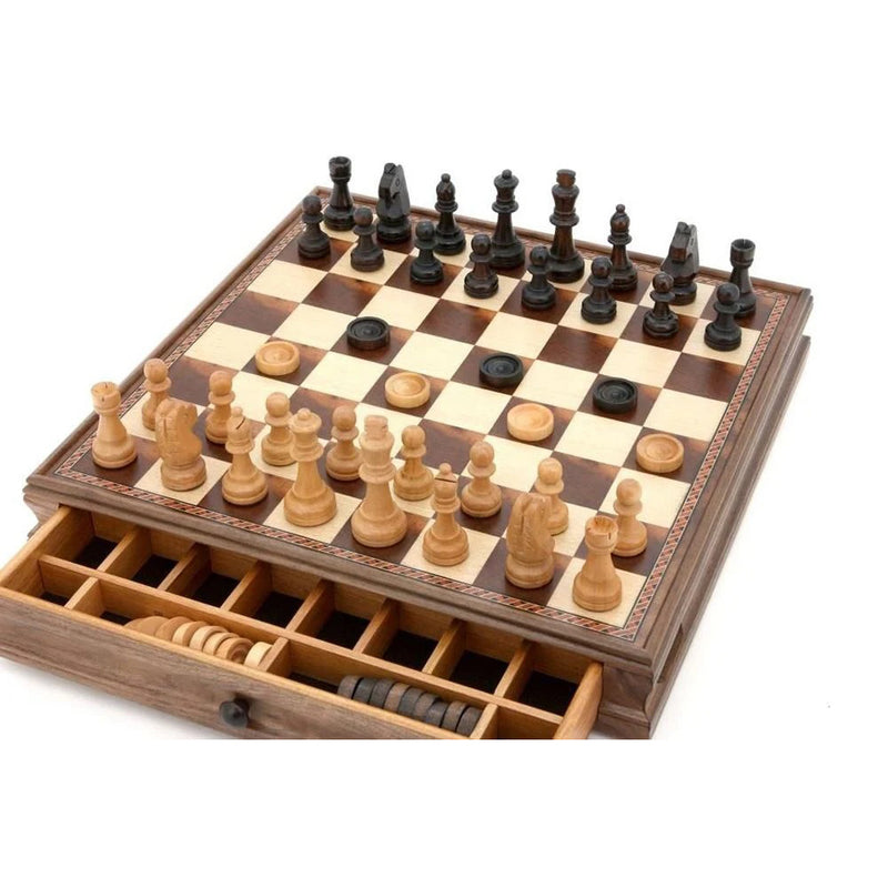 Dal Rossi Walnut Finish Chess / Checkers Set 38cm Board with Drawer