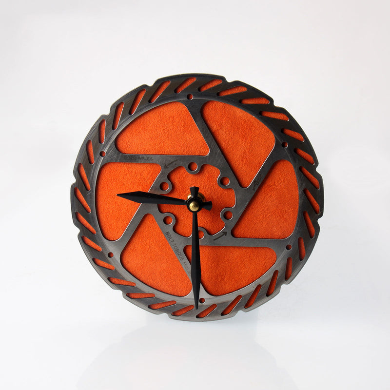 Handmade Clock - Orange Bicycle Disc Rotor Wall Clock - Made from Recycled Parts